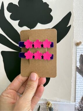 Velvet and leather flower hair clips set set of 2